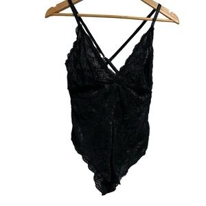 Black lingerie one piece lace crisscross adjustable bodysuit‎ small NEW